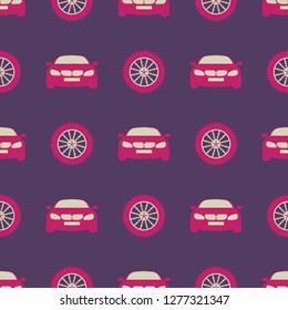 Seamless pattern with cars and wheels. Automotive background. Transport backdrop.