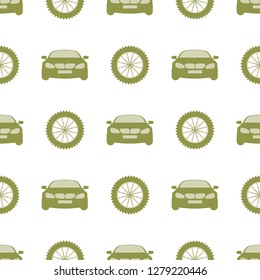 Seamless pattern with cars and wheels. Automotive background. Transport backdrop.