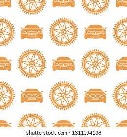 Seamless pattern with cars and wheels. Automotive background. Transport backdrop.
