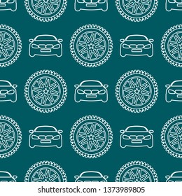 Seamless pattern with cars and wheels. Automotive background. Transport backdrop.