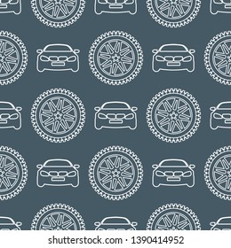 Seamless pattern with cars and wheels. Automotive background. Transport backdrop.