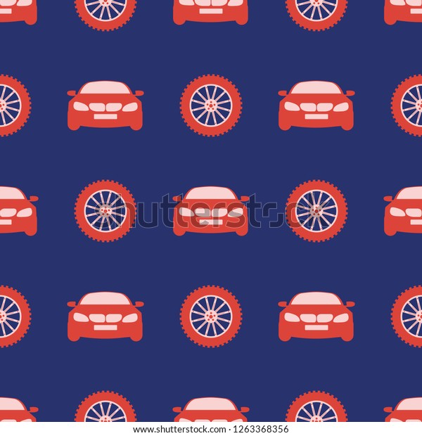 Seamless pattern with cars and wheels.\
Automotive background. Transport\
backdrop.