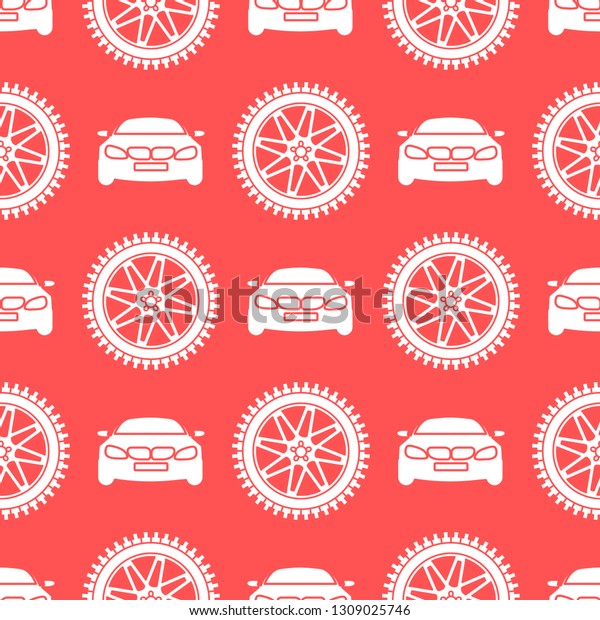 Seamless pattern with cars and wheels.\
Automotive background. Transport\
backdrop.
