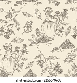 Seamless pattern with carthamus tinctorius: carthamus tinctorius plant, leaves, carthamus tinctorius flowers and bottle of carthamus tinctorius oil. Wild saffron. Vector hand drawn illustration