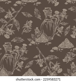 Patrón sin foco con carthamus tinctorius: planta de carthamus tinctorius, hojas, flores de carthamus tinctorius y botella de aceite de carthamus tinctorius. Saffron salvaje. Ilustración dibujada a mano por el vector