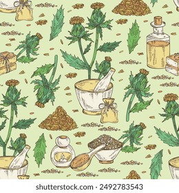 Seamless pattern with carthamus tinctorius: carthamus tinctorius plant, leaves and  carthamus tinctorius flowers. Wild saffron. Oil, soap and bath salt . Cosmetics and medical plant. Vector hand