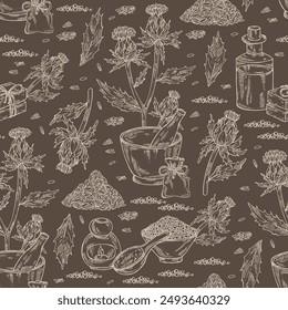 Seamless pattern with carthamus tinctorius: carthamus tinctorius plant, leaves and  carthamus tinctorius flowers. Wild saffron. Oil, soap and bath salt . Cosmetics and medical plant. Vector hand