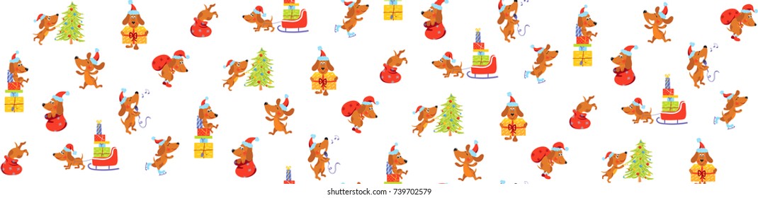 Seamless pattern with carton dog in Christmas hat decorating Christmas tree, holding a present, pulling a sleigh, New Year holiday background