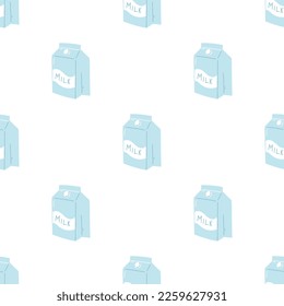 Patrón sin foco con caja de leche. Fondo vectorial del producto lácteo en forma plana de dibujos animados.