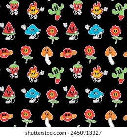 Seamless pattern Cartoon abstract character. Retro trendy stickers with funny comic characters and gloved hands.