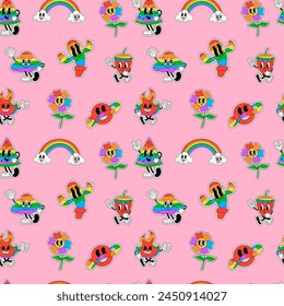 Seamless pattern Cartoon abstract characters feature in retro, trendy stickers with funny comic characters and gloved hands, celebrating Pride Month