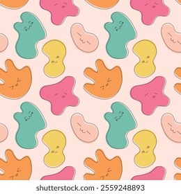 Seamless pattern of cartoon abstract figures with emotional faces