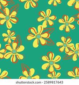 Seamless pattern cartoon of abstract flower. Green, yellow and orange tones. Pattern design for children fabric, wrapping paper, wallpaper and fashion prints.