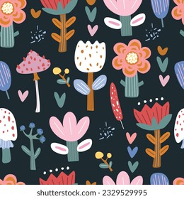 Patrón sin foco con flores abstractas de dibujos animados, hongos, hojas. Ilustración vectorial.