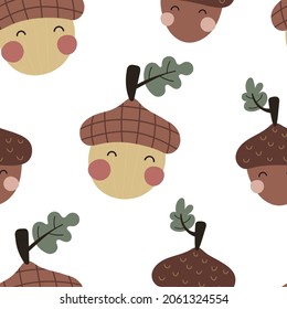 Seamless pattern with cartoon acorn. Forest, vector flat style. nature theme. hand drawing. design for fabric, textile, wrapper, print