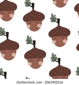 Seamless pattern with cartoon acorn. Forest, vector flat style. nature theme. hand drawing. design for fabric, textile, wrapper, print