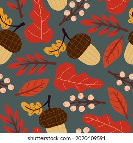 Seamless pattern with cartoon acorn, leaves, decoration elements. Forest, vector flat style. nature theme. hand drawing. design for fabric, textile, wrapper, print