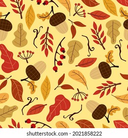 Seamless pattern with cartoon acorn, leaves, decoration elements. Forest, vector flat style. nature theme. hand drawing. design for fabric, textile, wrapper, print