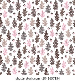 Seamless pattern with cartoon acorns and oak leaves for childrens prints in pastel colors. Suitable for printing on fabrics, textiles, wrapping paper, packaging, postcards. 