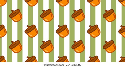 Padrão contínuo com bolotas de desenho animado em um fundo listrado verde e branco. Ilustração de estilo plano em cores quentes do outono.