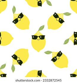 Seamless pattern  cartoon with adorable cartoon lemons in sunglasses on white. Vector. Perfect for wallpaper, wrapping, fabric and textile. 