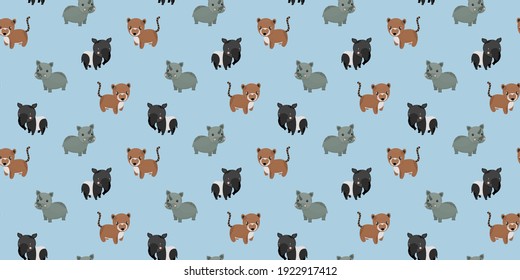 Seamless pattern of cartoon adorable tapirs, South American noses, and rhinos on a blue background. The endless backdrop of Jungle animals. Vector.