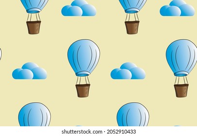 seamless pattern with cartoon aerostat and clouds on a yellow background. Blue balloon. Creative kids texture for fabric, wrapping, textile, wallpaper, apparel. Vector illustration