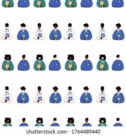 Patrón sin foco de caricatura de un hombre y una mujer afroamericano, el doctor usa máscara protectora y sin máscara, empleado de clínica aislado en un fondo blanco. Personal médico. Ilustración vectorial. Estilo plano.