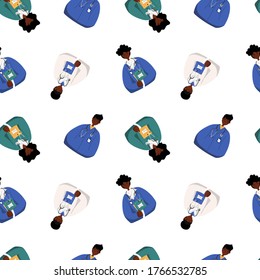 Patrón sin foco de caricatura de un hombre y una mujer afroamericano, el doctor usa máscara protectora y sin máscara, empleado de clínica aislado en un fondo blanco. Personal médico. Ilustración vectorial. Estilo plano.