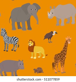 Seamless pattern with cartoon african animals. Endless orange background with lion elephant zebra giraffe rhino hippo vulture turtle. Vector illustration.
