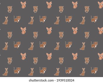 Seamless pattern of cartoon African fennec foxes, bush hares, South American noses, and spider monkeys toys with outlines like stickerson a gray background. Vector.