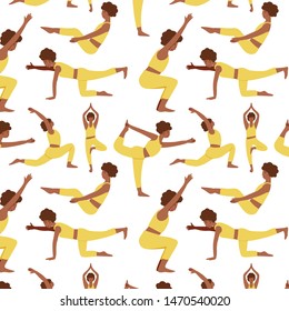 Seamless pattern with cartoon afro american  women demonstrating yoga poses and asanas. Hand drawn vector illustration on a white background