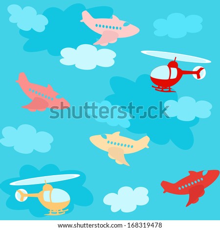 Seamless pattern with cartoon airplanes over sky with clouds