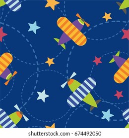 Seamless pattern cartoon airplanes and stars. Cartoon icons of the plane.  A childlike background. Kids seamless pattern with airplanes, stars and clouds colorful.  Baby pattern.