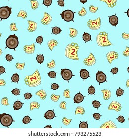 Seamless pattern with cartoon alarm and calendar at the light blue background
