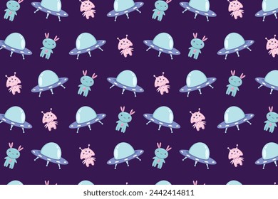 Seamless pattern with cartoon aliens and alien ship. Cute childish kawaii cosmic elements for texile, print, nursery decoration, wrapping paper. Vector illustration.