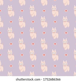 Seamless pattern with cartoon alpaca on a pale pink background. 
Children's textures for fabric, packaging, textile, wallpaper and clothing.Stock vector illustration