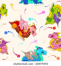Seamless pattern with cartoon amusing decorative dinosaurs.
