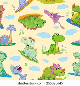 Seamless pattern with cartoon amusing decorative dinosaurs.