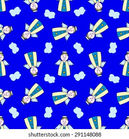 Seamless pattern with cartoon angel on blue background. Pattern can be used for fabric, web wallpaper or wrapping paper.