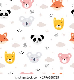 Seamless pattern Cartoon animal background with face Tiger, koala, fox, cute design hand drawn in kid style Used for printing, wallpaper, fabric, textiles Vector illustration
