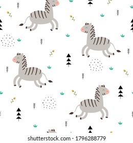 Patrón sin soldadura Cartoon fondo animal con cebra y flores Diseño dibujado a mano estilo infantil Utilizado para tejidos, tejidos, papel tapiz Ilustración vectorial