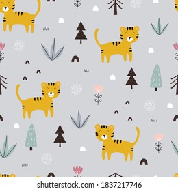 Seamless pattern Cartoon animal background with tigers and trees Hand drawn designs in children style used for print, wallpaper, fabric, textile fashion, vector illustration