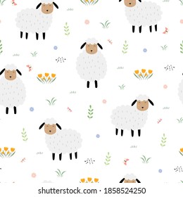 Patrón sin foco Cartoon fondo animal con oveja en campo floral Diseño dibujado a mano en estilo infantil usado para tela patrón, textil, papel pintado. Ilustración del vector