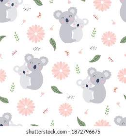 Seamless pattern Cartoon animal background with koala and flowers Hand drawn vector design in children's style used for print, wallpaper, fabric, textile.
