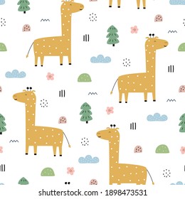Seamless pattern Cartoon animal background with giraffe and trees Hand drawn design in cartoon style, use for print, fabric pattern, wallpaper, decoration. Vector illustration