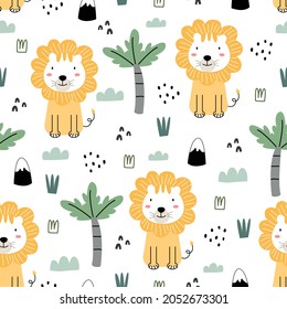 Dibujo sin foco sobre el fondo animal con leones y árboles Dibujo a mano al estilo de los niños. utilizados para patrones de tejidos, textiles, papel pintado, ilustración vectorial