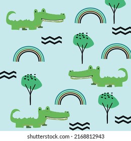 Seamless pattern Cartoon animal background with crocodile and tree Hand drawn design in childrens style used for print, wallpaper, fabric, textile. Vector illustration.