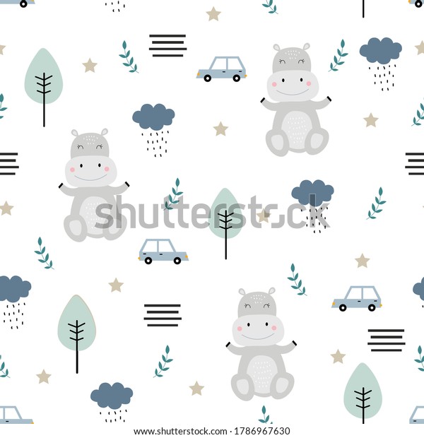 Seamless pattern\
Cartoon animal background That has a hippo with trees and cars\
Hand-drawn designs in child style Used for printing, wallpaper,\
textiles. Vector\
illustration