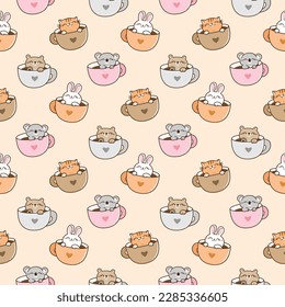 Seamless Pattern with Cartoon Animal in Coffee Cup Design on Beige Color Background